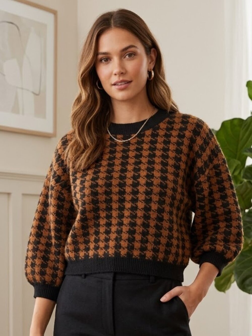 ASTR Label Sz Medium Brown Black Houndstooth Sweater Cropped 3/4 Sleeve Poetcore
